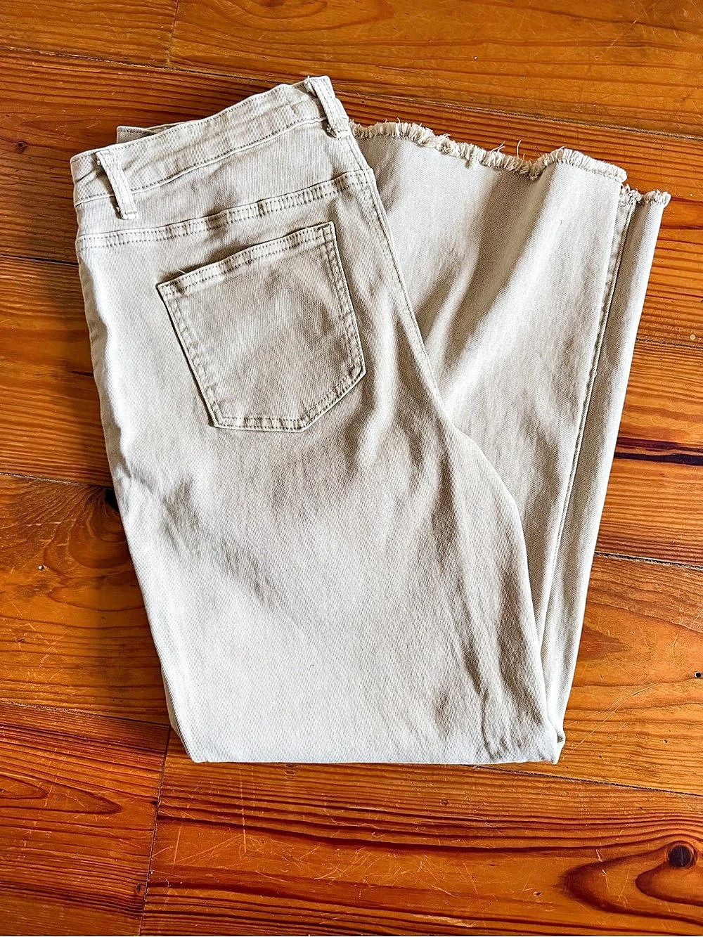 ZENANA High Rise Straight Raw Hem Cropped Denim Pants Wide Leg Pants in khaki25
